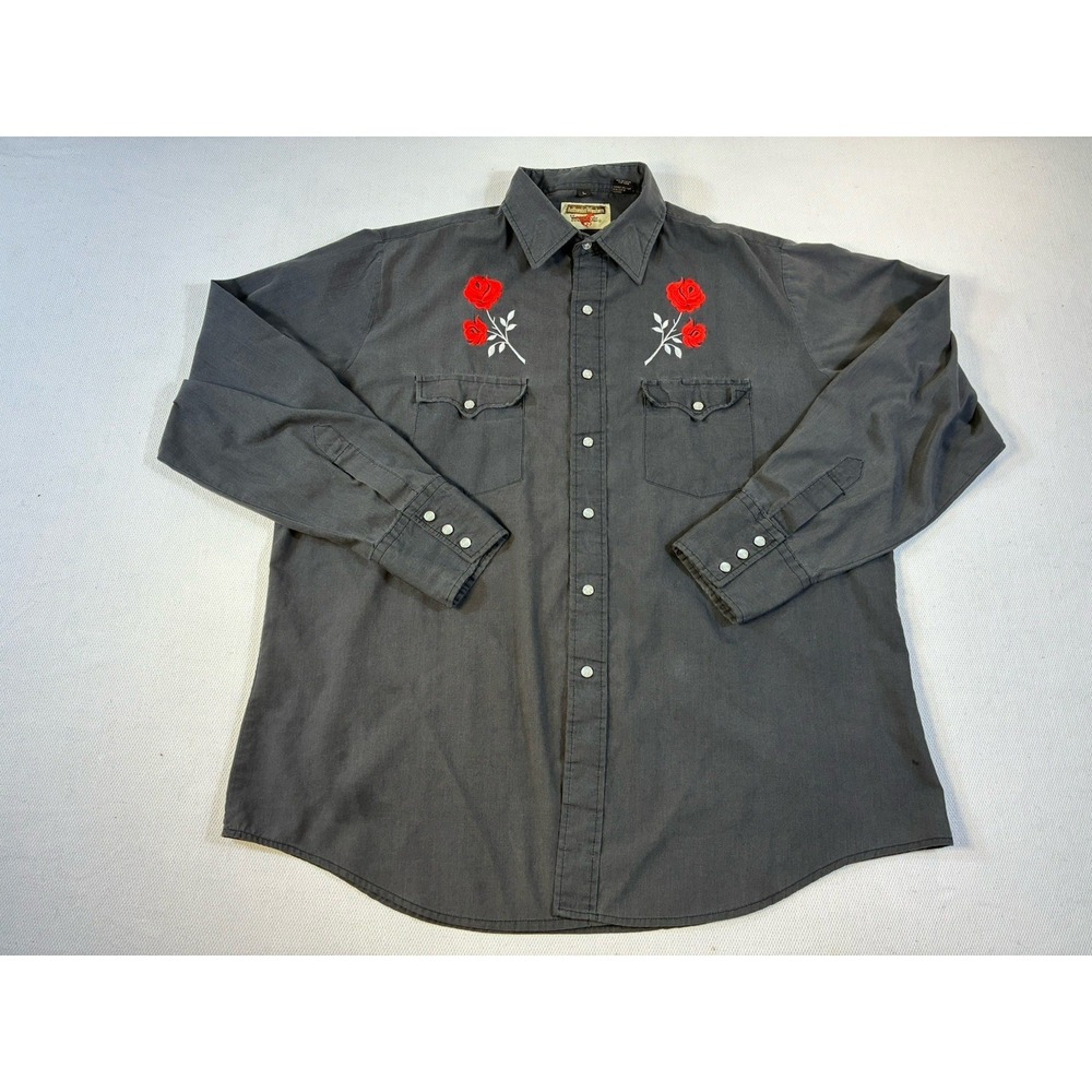 Vintage Youngbloods Western‎ Shirt Mens L Grey Rose Embroidery Pearl Snap
